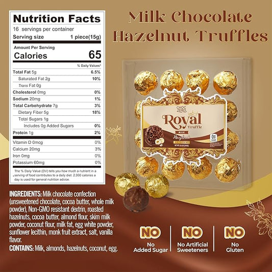 ChocZero Milk Chocolate Hazelnut Truffles, Zero Added Sugar, Gluten Free, Keto Holiday Gift, High Fiber, 16 Individually Wrapped Pieces, 8.5 Ounce (Pack of 1)