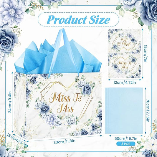 Blue Bridal Shower Gift Bag Wedding Miss to Mrs Gifts Bag with Tissue and Card Bridal Shower Gift Wrapping Paper Bag Floral Boho Christmas Wedding Gift Bags Bride Engagement Bachelorette Party Bag