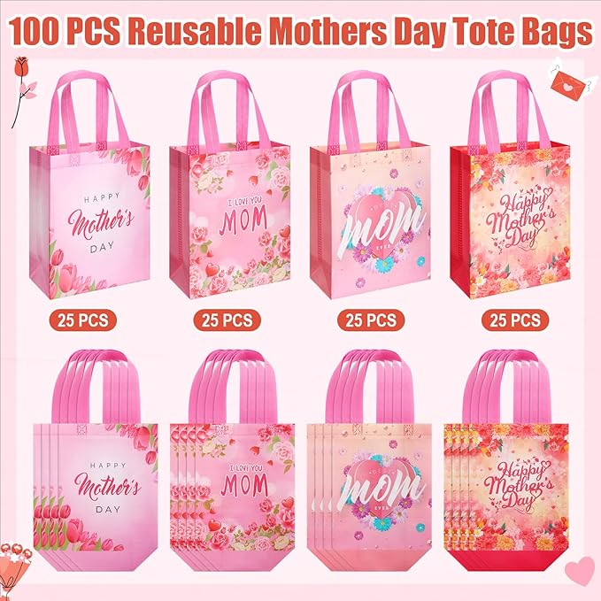 Wesnoy 100 Pcs Mother's Day Gift Bags Bulk with Handle Reusable Floral Non Woven Love Mom Treat Goodie Bags Gift Wrap for Mom Grandma Happy Mother's Day Party Favor Supplies