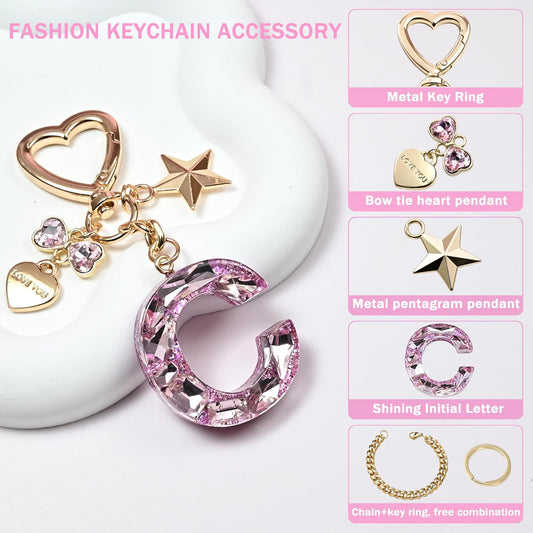 Cute Bling Keychain initial Letter Butterfly Star Pink Purple Gift for Women Girls Bag Cup Charms Accessories