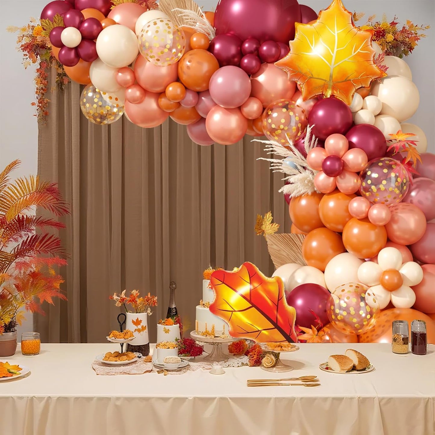 Fall Balloon Garland Arch Kit, Orange Wine Red Dusty Pink Rose Gold Confetti Balloons with Maple Leaf Foil Balloons for Thanksgiving Autumn Fall Birthday Baby Shower Party Decorations