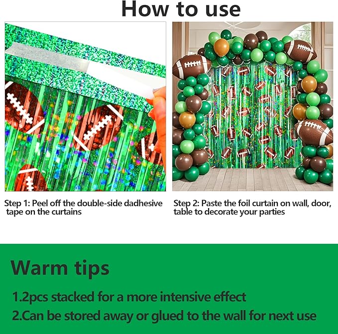 2 Packs Football Foil Fringe Curtain, Green Glitter Metallic Tinsel Backdrop for Birthday, Baby Shower, Super Bowl, Football Party Decorations Supplies