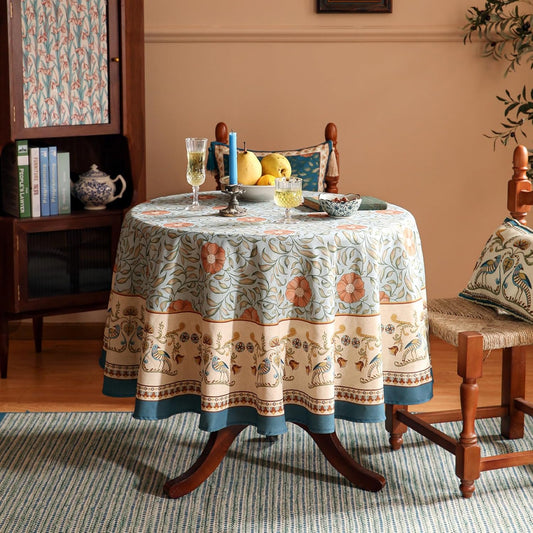 patdrea Designer French Linen Blue Round Table Cloth,Vintage Floral Tablecloth,Colorful Decoration Fall Table Cover Kitchen Dining for Tea Party,Thanksgiving,Christmas,Diameter 67"-Wensel