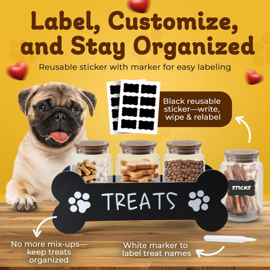 Dog Treat Container - Includes 3 Treat Jars, 1 Treat Bag, Wooden Pet Treat Holder, storage Basket, Dog Treat Station, with Reusable Sticker & Marker - Bone Shape