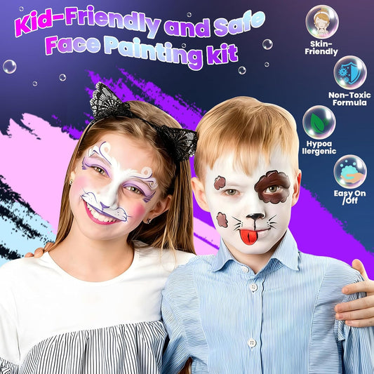 Professional Face Painting Kit for Kids – 22 Colors Non-Toxic Face & Body Paints with Rainbow Palette, Brushes, Stencils, Glitter & Gems for Birthday Parties, Halloween, Festivals, School Events