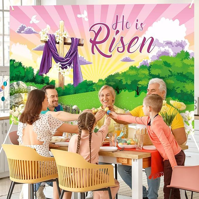 Large He is Risen Easter Banner Decorations Flag Outdoor 72x44 Inch, Cross Sign Christian Jesus Lily Flowers Banner for Indoor Home House Decor Party Supplies, Spring Yard Sign Background for Photography
