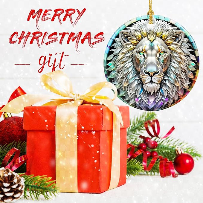 Stained Ceramic Lion Ornament - Lion Christmas Ornaments - Christmas Tree Ornaments - Christmas Decorations - Lion Decor for Office, Room, Home - Holiday Present Ideas