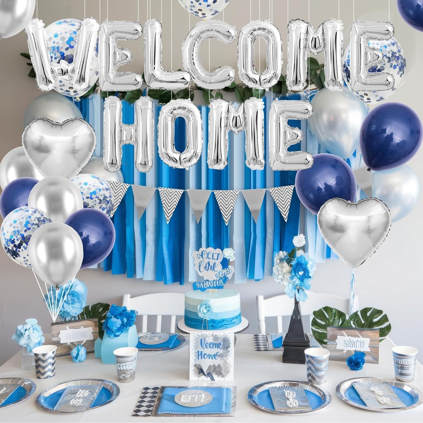 Welcome Home Decorations Navy Blue Silver,Welcome Home Foil Balloon Banner with Confetti Balloons,Silver Heart Balloons Pennant Flag Bunting for Housewarming Baby Shower Home Family Party Supplies
