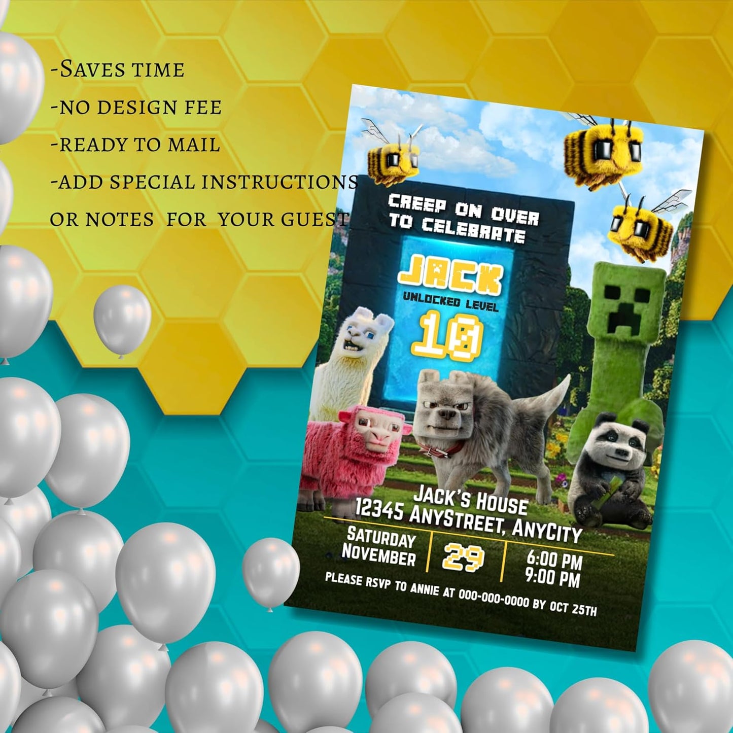 Fully Customizable minecraft Birthday Party Invitations, 4 x 6 inches, with Self-Sealing Envelopes, Gaming Theme Design, minecraft Birthday Invitations for Boys and Girls (Minecraft/Portal)