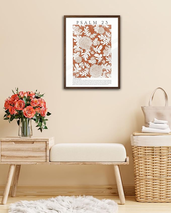 EcoHest Christian Bible Verse Framed Wall Art, 12x16 in Walnut Color OAK Wood A Psalm of David Canvas Wall Art, Psalm 23 Orange Faith Home Decor, Thanksgiving Scripture 1Pack for Bedroom Living Room
