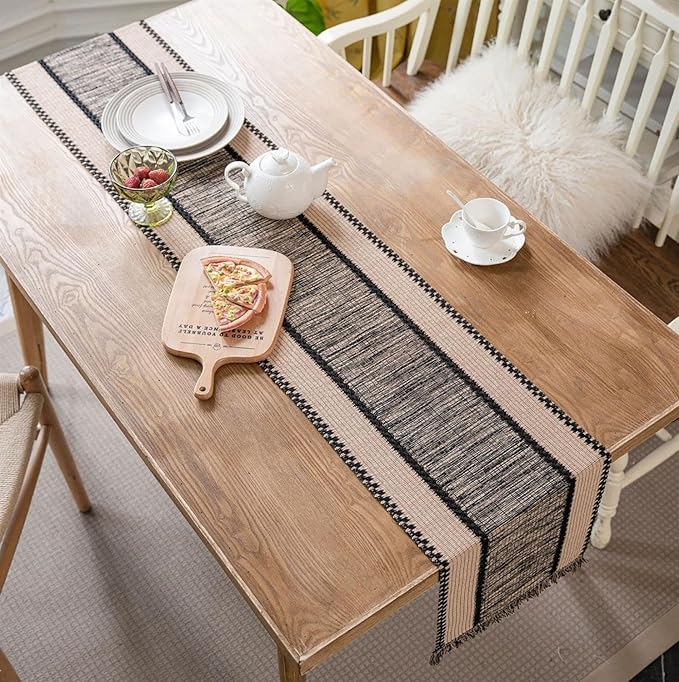 Natural Jute Table Runner, Burlap Style Table Runner, Rustic Farmhouse Table Runner Country Vintage for Wedding, Party Table Decorations, Boho Décor Black Hemp Placemat Set of 4 (35x50cm) TAB28