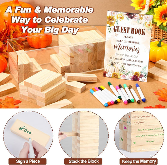 80 Pcs Wedding Guest Book Alternative Wooden Block Guest Book for Wedding Sign in Bridal Shower Decoration Wooden Block Bridal Shower Game for Sign in, Reception (Pumpkin)