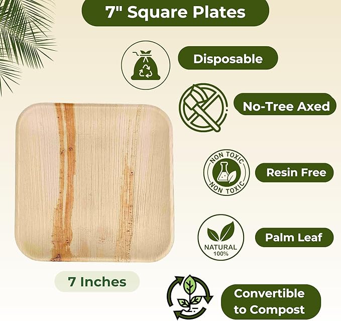Dtocs Palm Leaf Plates Disposable 7" Square (50) | Compostable Dinnerware for Serving Desserts, Appetizer, Salad, Mini Charcuterie Boards for Camping, Wedding, Birthday | Sturdy than Paper Plates