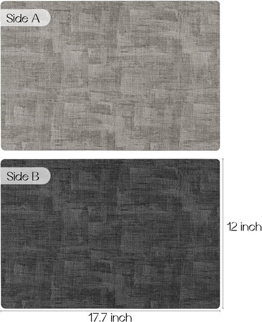 Romanstile Reversible Vinyl Placemats Set of 4, Faux Leather 100% Waterproof Oil-proof Wipeable Place Mats, Heat Resistant Dual Sided Table Mats for Kitchen/Dining/Party (Grey Light Grey, 12 x 17 Inch