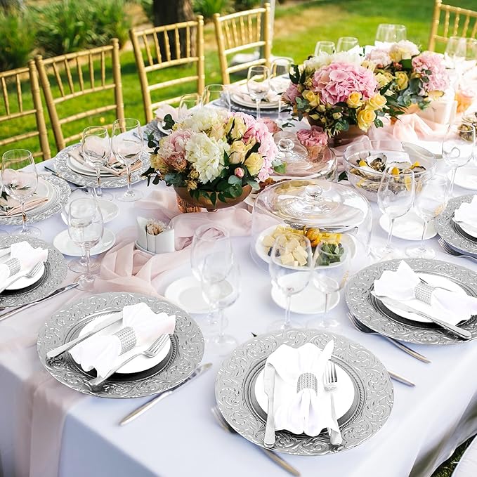 Uiifan 12 Pcs Antique Charger Plates Bulk 13'' Plastic Plate Chargers Decorative Embossed Rim Round Plates for Wedding Party Event Dinner Kitchen Table Setting Decoration (Silver)