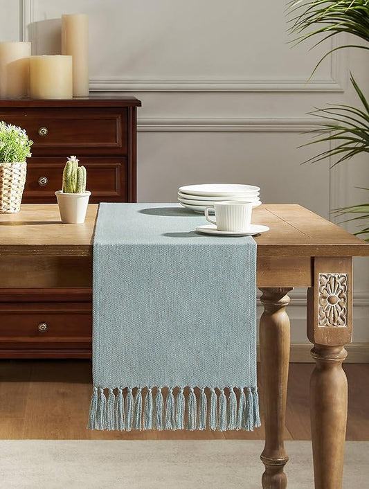 ZeeMart Linen Blend Table Runner, Blue 13x48 Inch, Farmhouse Burlap Linen Style Rustic Blue Table Runners 48 Inches Long