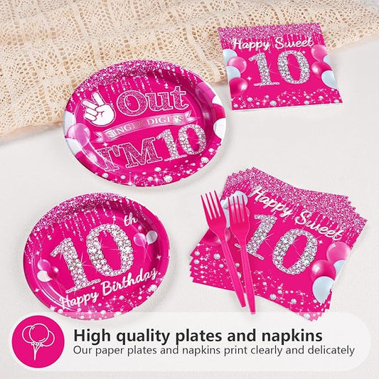 Grencian 96Pcs 10th Birthday Decorations for Girls Hot Pink 10th Birthday Party Plates Disposable Double Digits Paper Tableware for Girl 10 Year Old Happy Birth-day Party Supplies, Serves 24
