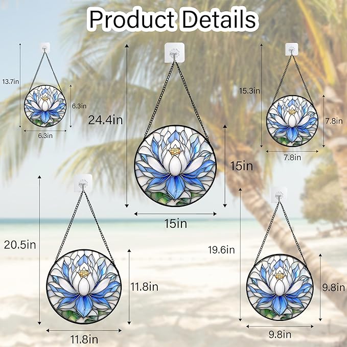 Stained Glass Window Hanging - Blue and White Lotus Petal Suncatcher for Doors Window Home Sun Catchers Decor Christmas Mother's Day July Birthday Gifts for Teacher Women Men Mom Nana 14.9 in