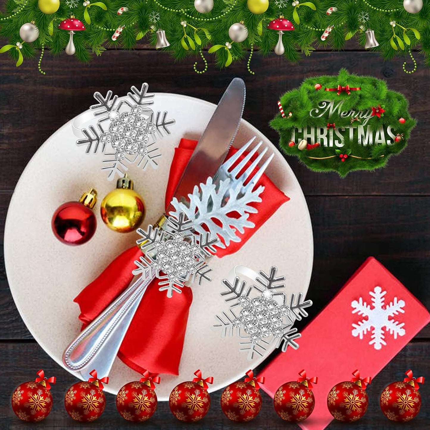 Legigo Set of 12 Christmas Snowflake Napkin Rings Set- Metal Diamond Snow Xmas Napkin Ring Holders for Cloth Napkins, Christmas Holiday Party Dinner Table Decoration
