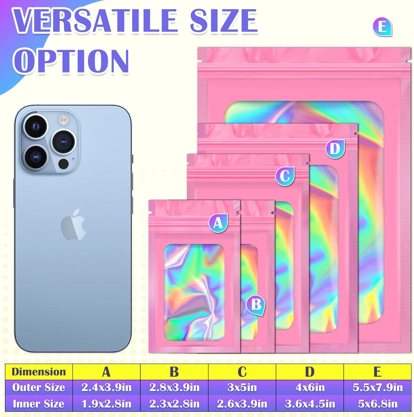 300 Pcs Mylar Bags, Smell Proof Bags Foil Pouch, Holographic Resealable Bags for Small Business, Candy Sample Jewelry Bag Sealable Packaging for Party Favor Food Storage ((2.8x3.9in-Pink)