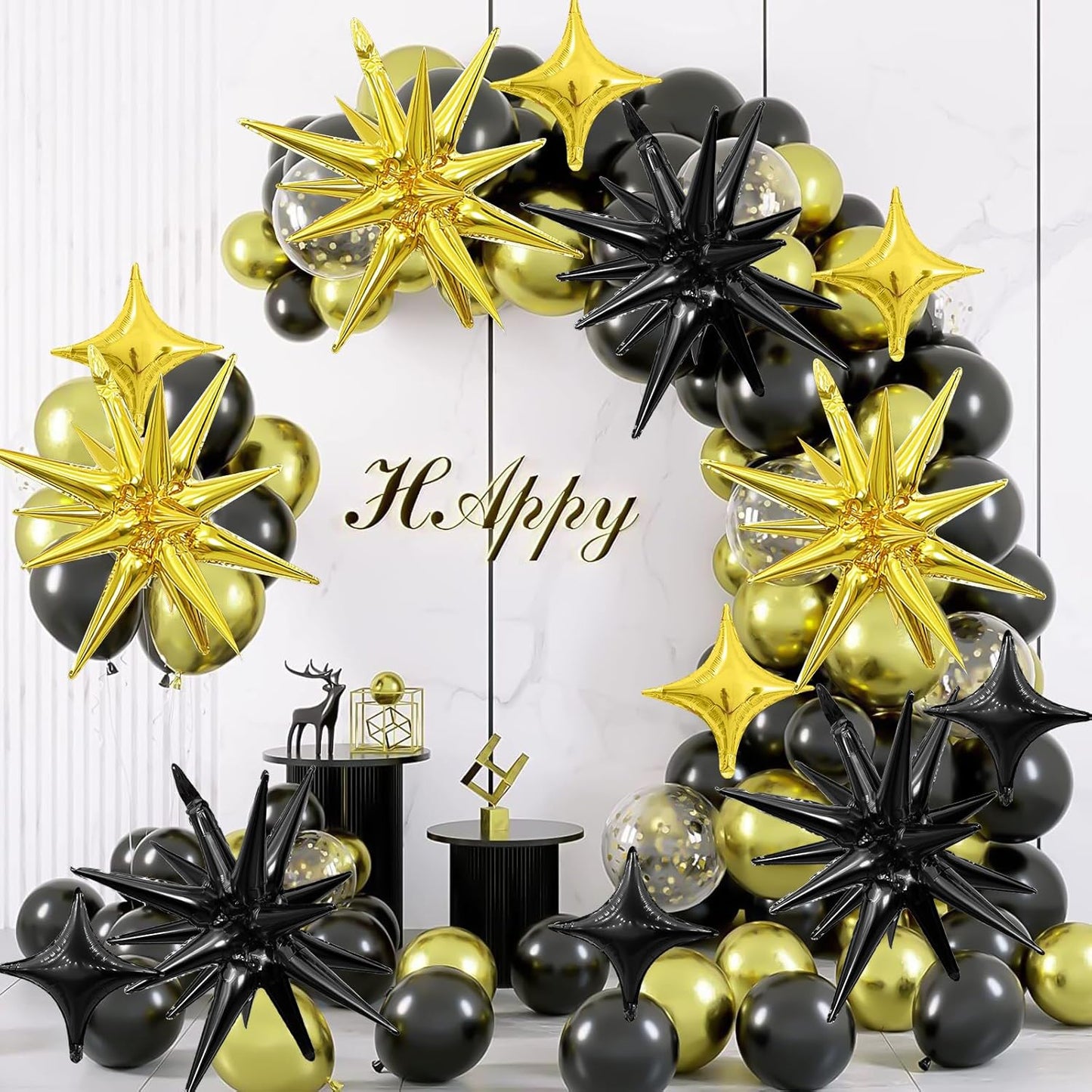 Black Gold Star Balloon,Black Gold 6Pcs 22Inch Explosion Star Balloons and 10Pcs 10Inch Four Angle Balloons Kit for New Year Birthday Graduation Anniversary Baby Shower Wedding Party Decorations
