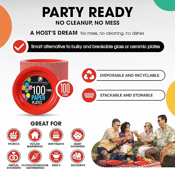 Exquisite Party Solids Red Paper Plates Disposable Heavy Duty 7 Inch Red Disposable Plates For Party 100 Pcs Heavy Duty 350 GSM, Birthday Supplies