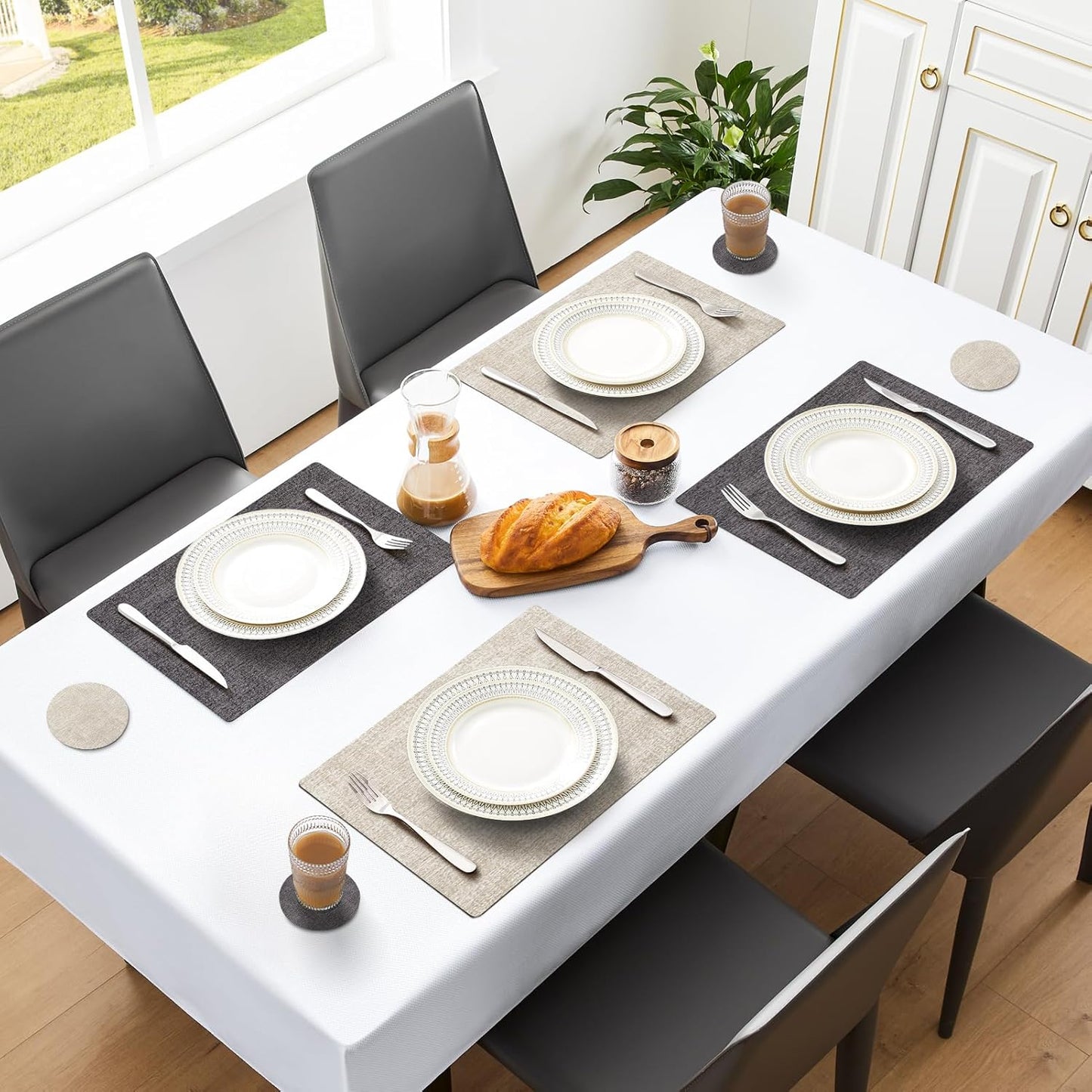 MOSAYT Placemats Set of 8, Heat Resistant Vinyl Place Mats with Coasters, Wipeable Washable 100% Waterproof Oil Proof Faux Leather Table Mats for Kitchen Dining Party Outdoor, 12" x 18", Grey Beige