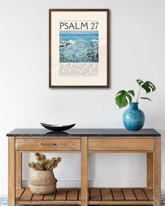 EcoHest Walnut Color OAK Wood Jesus Framed Wall Art, 12x16in Psalm 27 Bible Verse Christian Wall Art, Modern Faith Religious Bedroom Decor For Living Room Bathroom Christian Merch Gift 1Pack