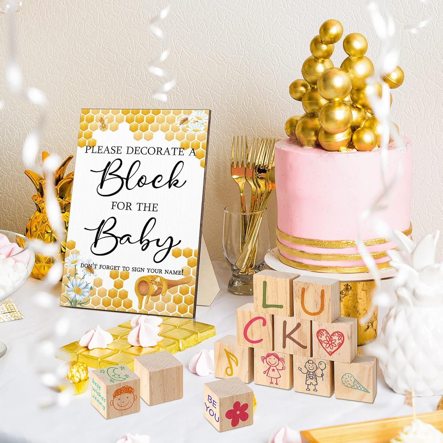 Tatuo 75 Pcs Baby Shower Games Sign Kit Including Decorate a Block Game Sign 50 DIY Wooden Block 24 Acrylic Paint Marker Baby Shower Prize for Gender Reveal Party(Bee)