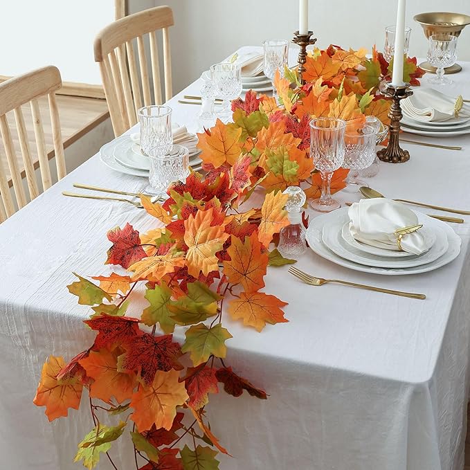 Mizii 2 Strands Artificial Maples Vines Garland 79" Fake Vine Silk Maple Leaves Faux Hanging Fall Garland for Fall Decor Thanksgiving Porch Mantle Fireplace Farmhouse Harvest Decorations (Maple)