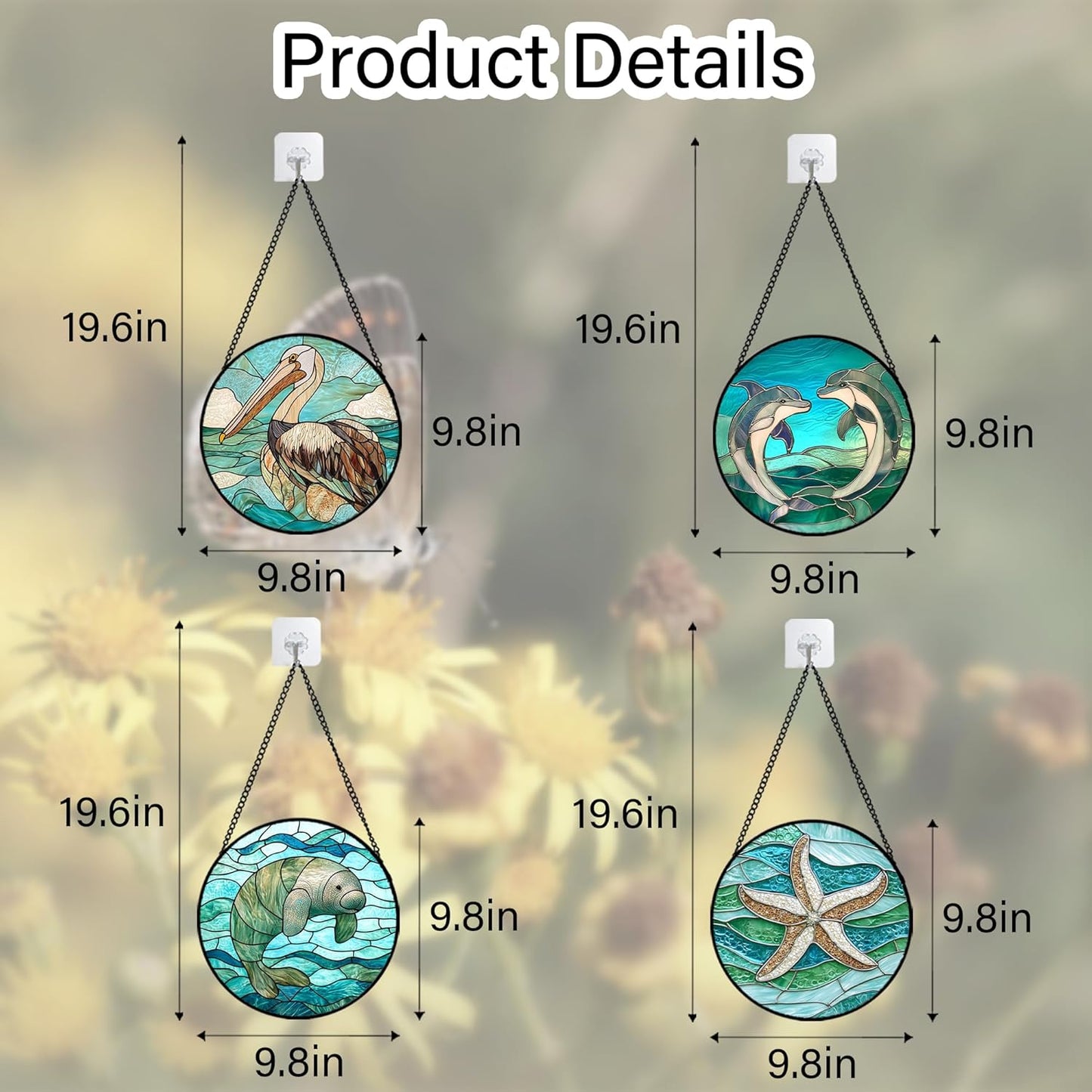 Stained Glass Window Hanging 4 Pcs Set Cyan Ocean Life Theme 9.8" - Sea Starfish Suncatcher Door Garden Sun Catcher Decor Birthday for Mom Woman Nana Men Friend
