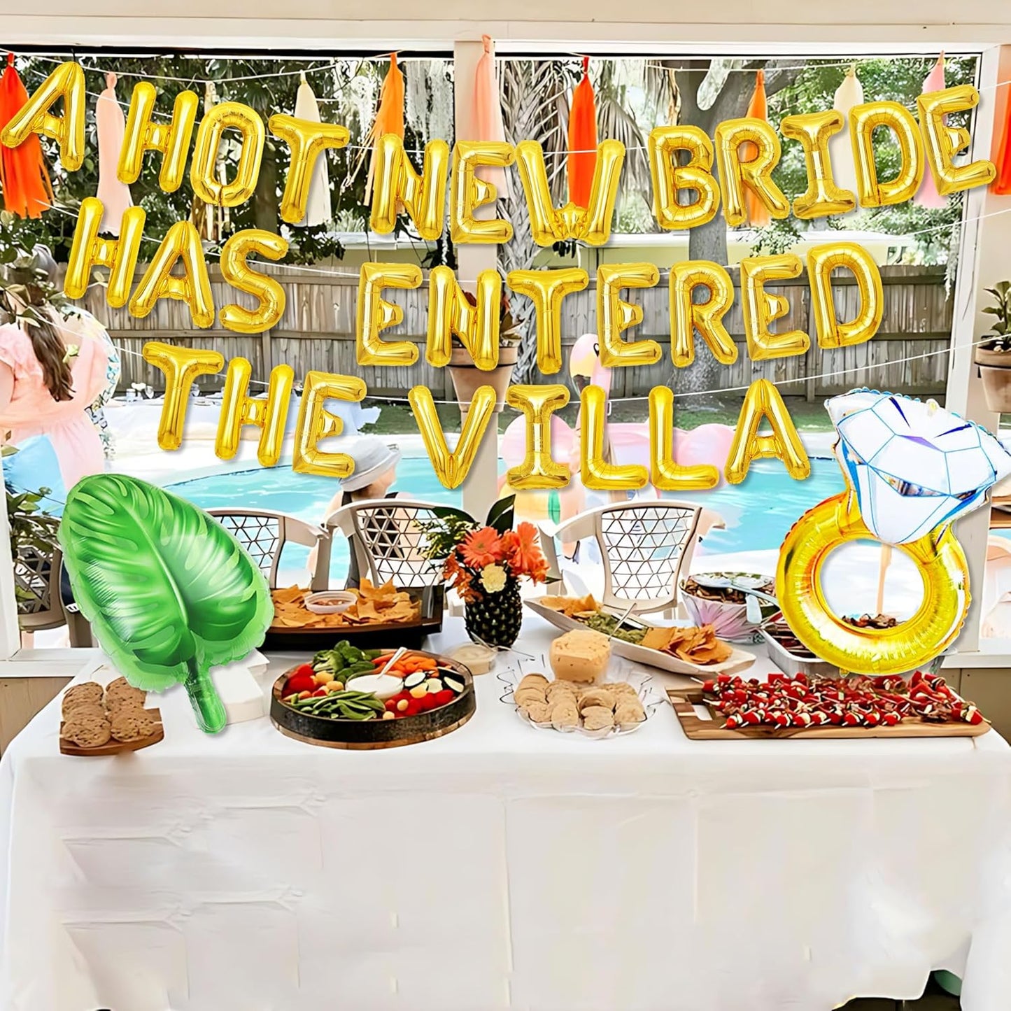 A Hot New Bride Has Entered The Villa Banner Balloons Palm Tree Ring Mylar Balloon for Love Island Themed Bachelorette Party Decorations
