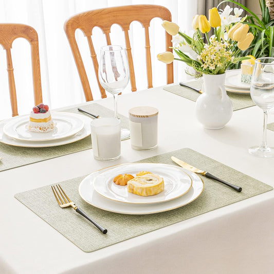 Romanstile Vinyl Placemats Set of 12-12 X 18 Inch - Heat Resistant Place Mats 100% Waterproof Oilproof Wipeable Reversible Faux Leather Table Mats for Kitchen/Dining/Party/Outdoor, Grass Green