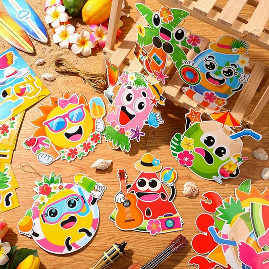 Frienda 48 Set Summer Make a Face Paper Sticker Craft Kit Hawaii Tropical Pool Beach Crafts Make Your Own Pineapple Flamingo Hawaii Sticker for Summer Party Favors Classroom Luau Game Rewards Gift