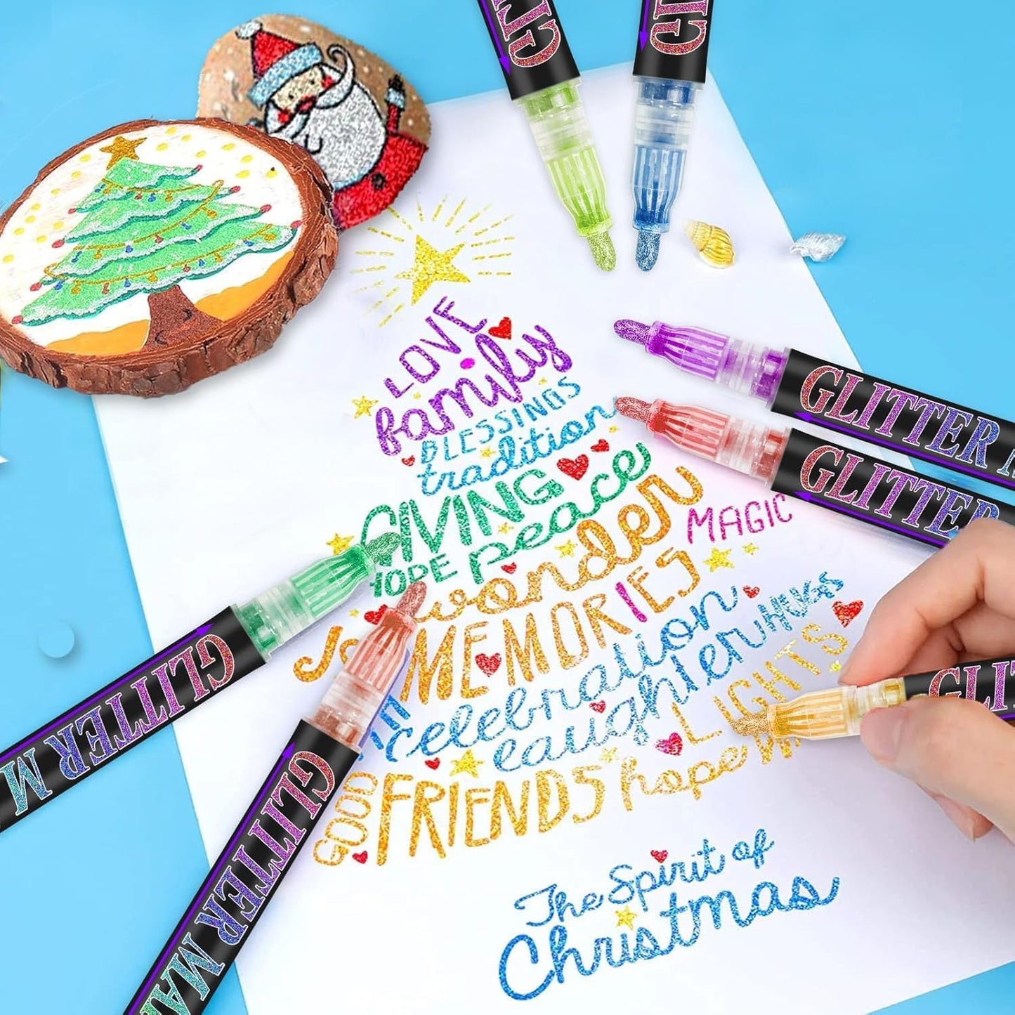 Glitter Marker Pens, 12 Colors Metallic Shimmer Glitter Markers Paint Pens, Glitter Art Marker for Kids Adults DIY Crafts Greeting Birthday Cards Making Poster Album Scrapbooking Wood