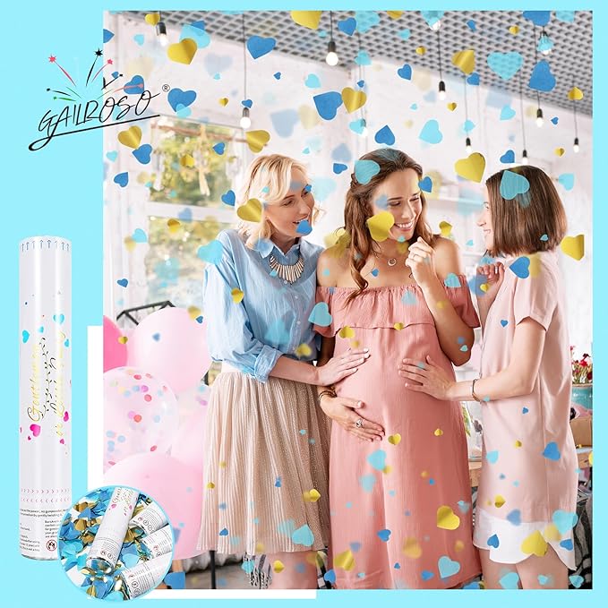 Gender Reveal Confetti Cannon,4 Blue Paper Connon Safty Party Poppers Shoots 20-25ft,12 inch Upgrade Firmware Maternity Shoots Baby Shower Gender Reveal Party Supplies Maternity Shoots