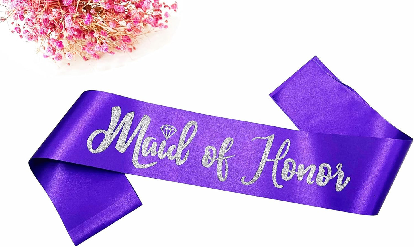 Maid of Honor Sash, Purple Sash with Silver Glitter Letter Bachelorette Party Sash for Bridal Shower Wedding Party Accessories Supplies Engagement Gifts