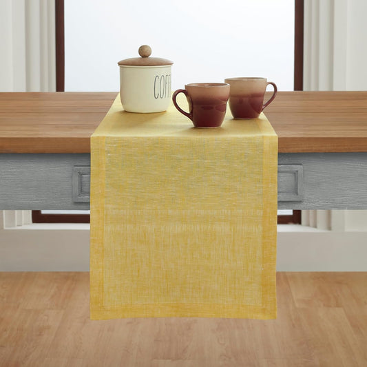 Solino Home Linen Table Runner 90 Inches Long - Athena, 100% Pure Linen Chambray Lemon Yellow Table Runner 14 x 90 Inch