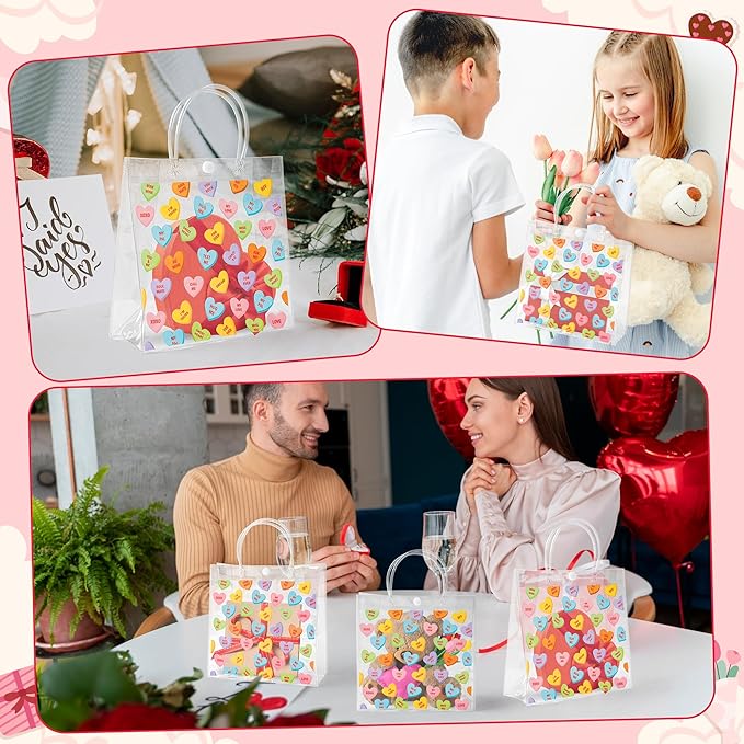 H1vojoxo Valentine's Day Gift Bags - 24PCS Wedding Conversation Heart Clear Bags 7.9x3.2x7.9 Inch Valentine Clear PVC Tote Bag with Handle Reusable PVC Gift Wrap Bag for Valentine Party Favor