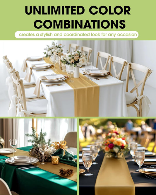 Pureegg Gold Plastic Table Runners - 30 Pack, 14'' x 108'', Water Resistant & Disposable Centerpiece Decorations for Table Cloth, Wedding, Birthday, Holiday, Baby Shower, Party, Home Decor