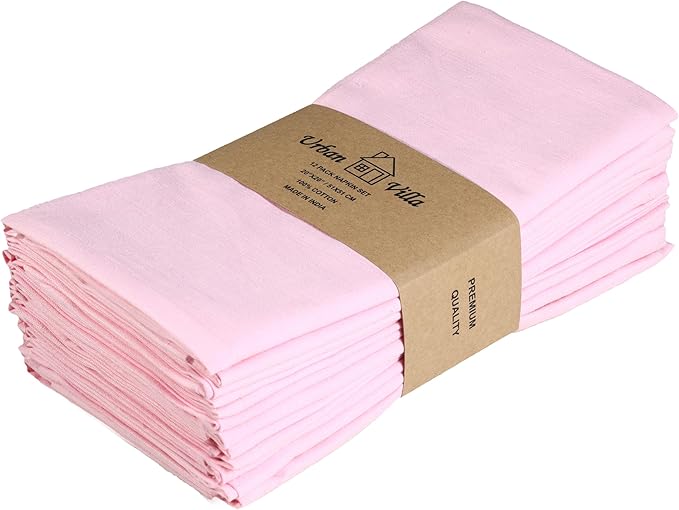 Urban Villa Cloth Napkins Set of 12 (20x20 Inches) 100% Cotton Napkins Cloth Washable Soft Durable Reusable Absorbent Table Dinner Napkins Cloth for Hotel Lunch Restaurant Weddings Parties - Pink