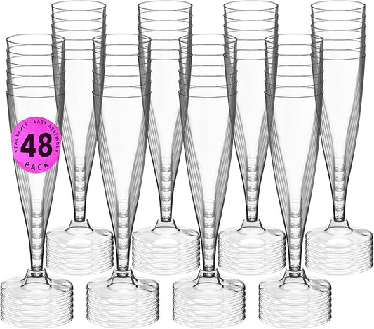 DecorRack 48 Champagne Glasses, 5 Oz -BPA Free- Plastic Flutes, Perfect for Outdoor Parties, Weddings, Hosting, Stackable, Reusable, Disposable Stemmed Cups (Pack of 48)