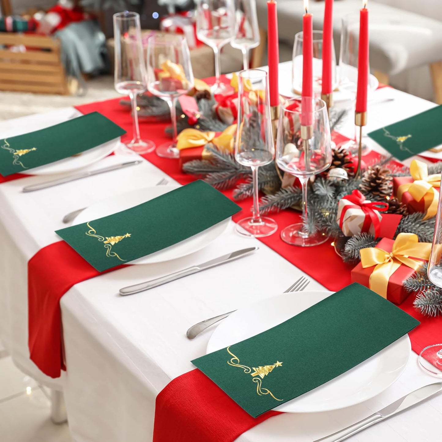 100 Pack Christmas Disposable Guest Napkins 12 x 17 Inch Gold Foil Christmas Trees Napkins Xmas Tree Hand Towels for Bathroom Kitchen Weddings Christmas Holiday Party, Green