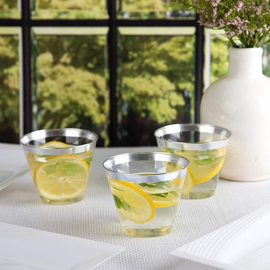 PLASTICPRO 9 oz Disposable Plastic Party Cups,Old fashioned Designed Tumblers, Crystal Clear (Clear With Silver Rim, 100)