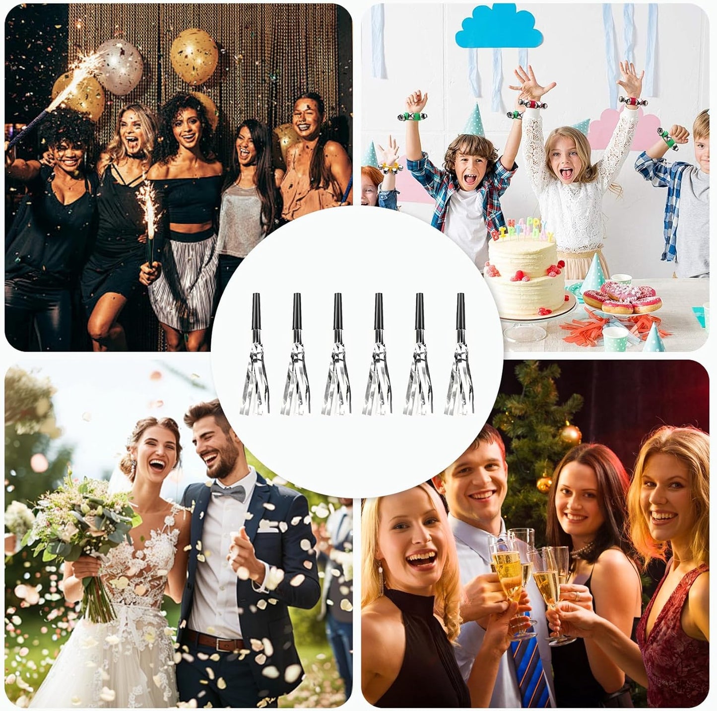 Silver New Years Noise Makers 48 PCS NYE Party Blowers Blowouts New Years Eve Games Favors Supplies Birthday Pep Rally for Adult Prank Graduation Sporting Events Horns Noisemakers Accessories
