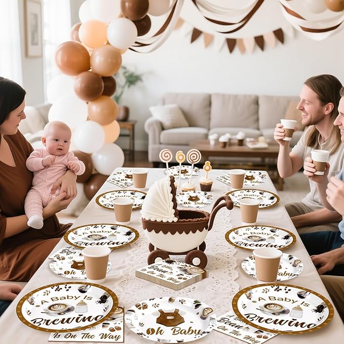 Grencian Coffee Baby Shower Decorations - 96Pcs A Baby Is Brewing Baby Shower Plates and Napkins Gender Reveal Disposable Tableware Set for Boys Girls Coffee Themed Party Decorations Serve 24