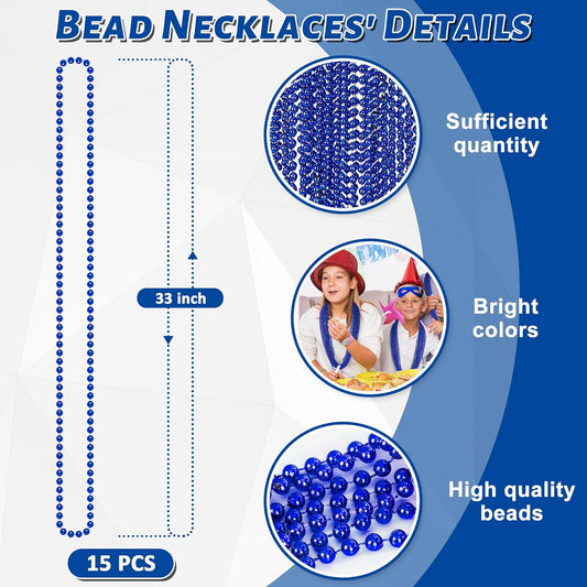 15PCS Blue Bead Necklace, 4th of July Beads Necklaces Accessories, 33" Festival Party Parade Throw Beads Necklace Costume, Blue Beaded for Wedding Birthday Gender Reveal Party Supplies Decorations