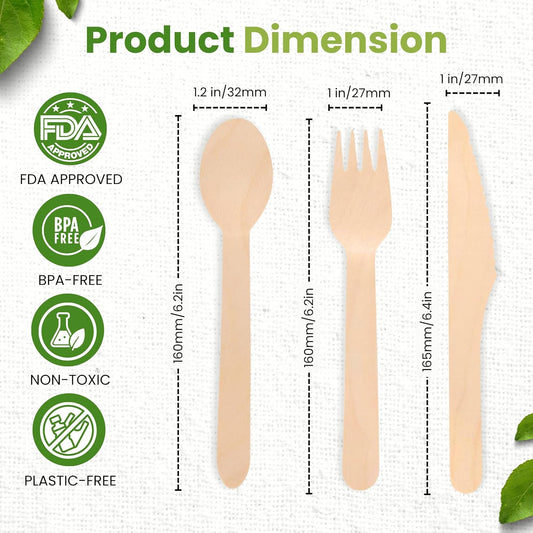 360 PCS Wooden Disposable Cutlery Set – 120 Forks, 120 Knives, 120 Spoons, Compostable Utensils & Plastic-Free Flatware for Party, Camping & Wedding