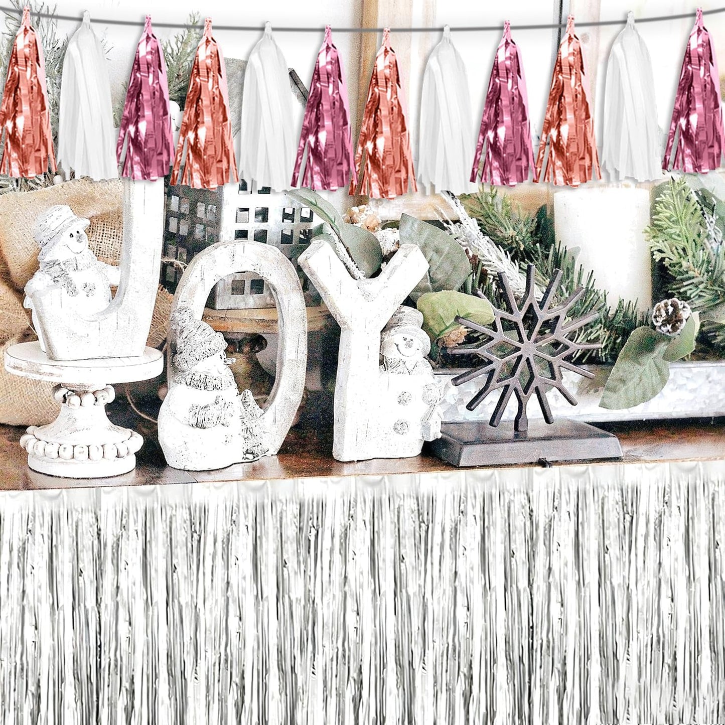 3P Rose-Gold Pink White Tassel Banner Garland Metallic Foil Fringe Banner Tinsel Tassels Streamer Banner Backdrop for Parade Floats, Graduation 2025, Wedding, Birthday, Retirement Party Decorations
