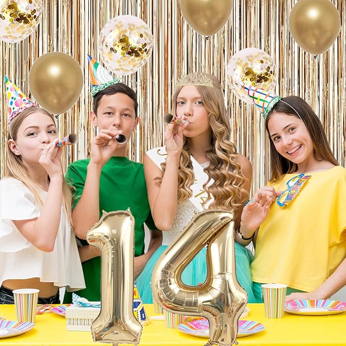 Trgowaul 14th Birthday Decorations for Girls, Banner, Sash and Crown, Cake Topper, 14 Number Balloon, Fringe Curtains, Champagne Gold 14th Birthday Party Supplies